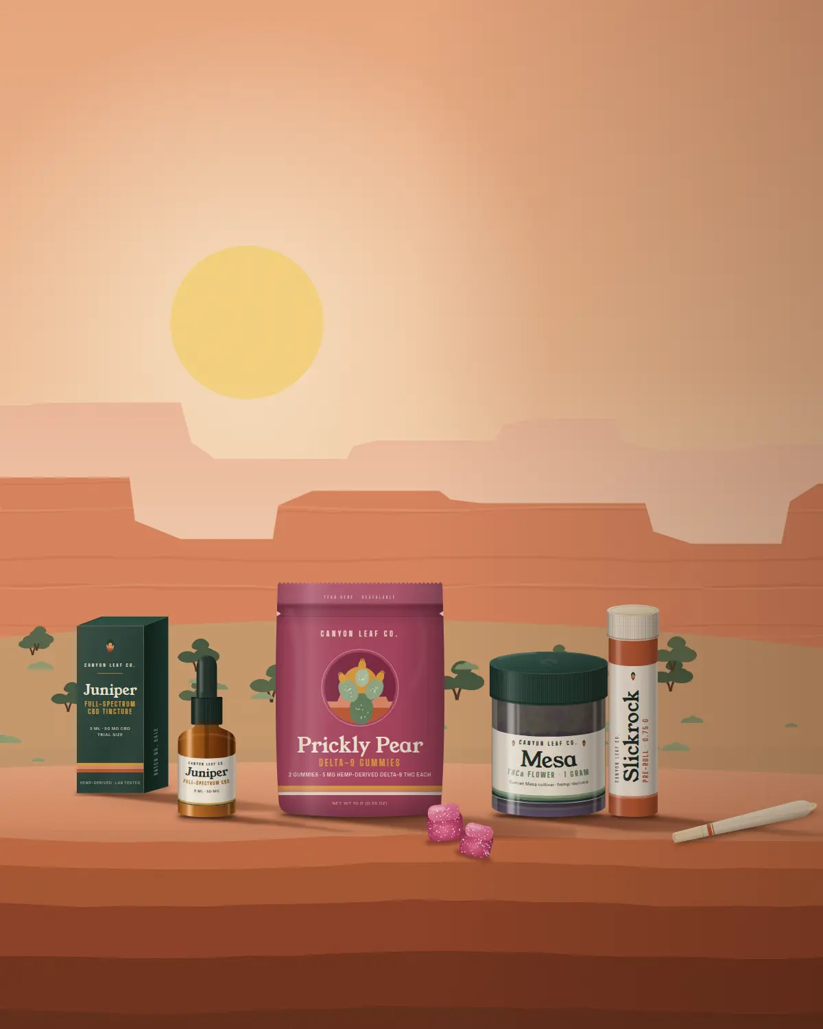 The Canyon Leaf trial lineup on a sandstone ledge at sunset
