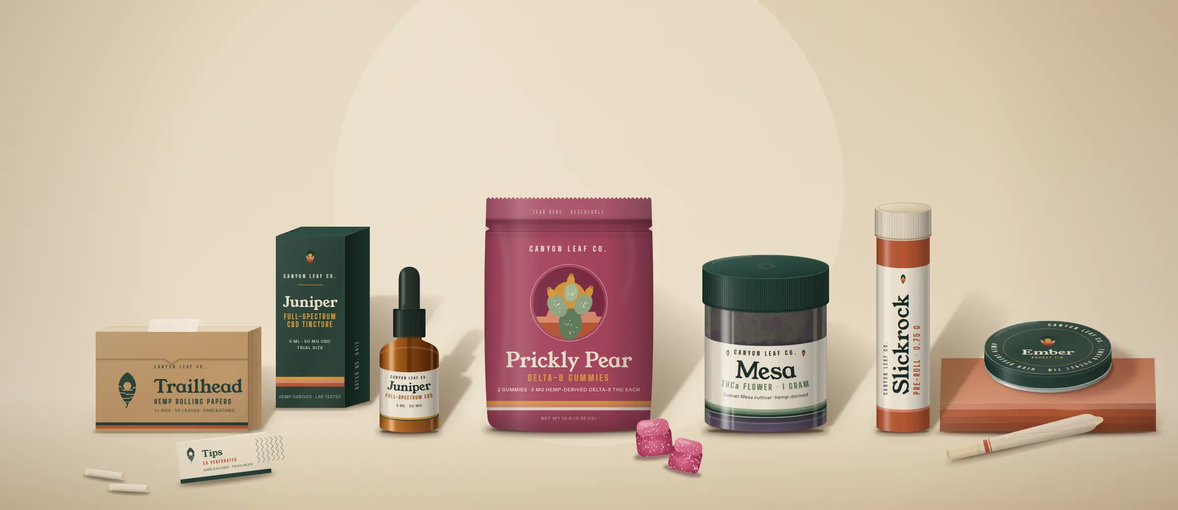 The full Canyon Leaf trial lineup: papers, tincture, gummies, flower, pre-roll and pocket tin