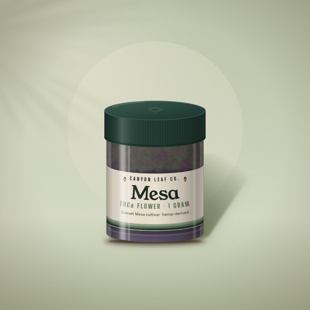Mesa THCa Flower sampler in a violet UV glass jar with a juniper green lid