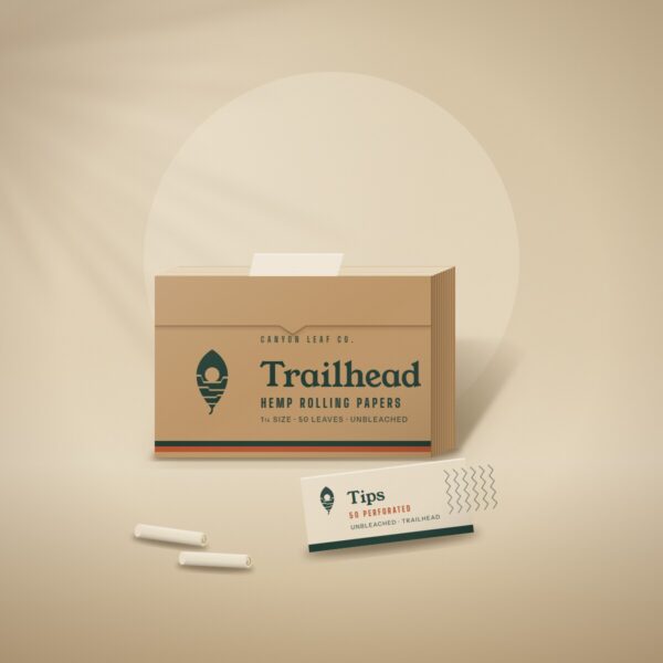 Trailhead unbleached hemp rolling papers booklet with a booklet of tips and two rolled tips
